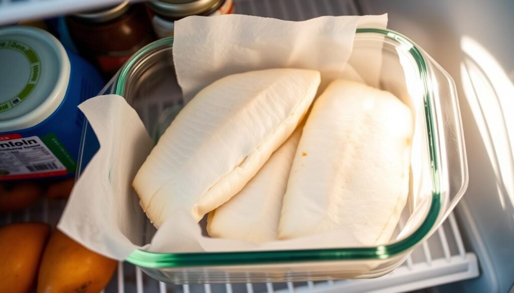 A neatly organized refrigerator shelf, with a glass container holding the leftover baked Mahi Mahi fillets. The fillets are lightly covered in parchment paper, retaining their flaky, moist texture. Soft, natural lighting from the side illuminates the delicate, white flesh, creating a warm, appetizing atmosphere. The container is placed alongside other neatly stored food items, suggesting a well-stocked, tidy kitchen. The overall scene conveys a sense of care and attention to preserving the quality and freshness of the remaining Mahi Mahi for future enjoyment. A neatly organized refrigerator shelf, with a glass container holding the leftover baked Mahi Mahi fillets. The fillets are lightly covered in parchment paper, retaining their flaky, moist texture. Soft, natural lighting from the side illuminates the delicate, white flesh, creating a warm, appetizing atmosphere. The container is placed alongside other neatly stored food items, suggesting a well-stocked, tidy kitchen. The overall scene conveys a sense of care and attention to preserving the quality and freshness of the remaining Mahi Mahi for future enjoyment.