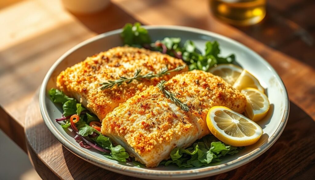 A plate of seared Mediterranean rockfish fillets, gently coated in a crisp, golden-brown Milanese breading, resting atop a bed of vibrant mixed greens. The fish is garnished with thin slices of lemon, sprigs of fresh thyme, and a drizzle of fragrant olive oil. The scene is illuminated by warm, natural lighting, casting a soft, golden glow across the dish. The overall composition evokes the sun-drenched coastal flavors of the Mediterranean, inviting the viewer to savor the delicate, flaky texture and the harmony of flavors. A plate of seared Mediterranean rockfish fillets, gently coated in a crisp, golden-brown Milanese breading, resting atop a bed of vibrant mixed greens. The fish is garnished with thin slices of lemon, sprigs of fresh thyme, and a drizzle of fragrant olive oil. The scene is illuminated by warm, natural lighting, casting a soft, golden glow across the dish. The overall composition evokes the sun-drenched coastal flavors of the Mediterranean, inviting the viewer to savor the delicate, flaky texture and the harmony of flavors.
