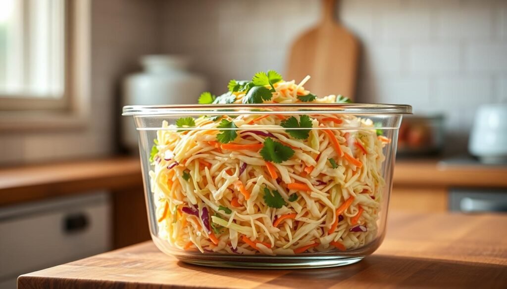 Crisp, fresh fish taco slaw resting in a clear glass storage container, illuminated by warm, natural lighting from a window. The slaw is a vibrant mix of shredded cabbage, carrots, and cilantro, glistening with a tangy, creamy dressing. The container is positioned on a wooden kitchen counter, with a serene, minimalist backdrop hinting at a cozy, organized cooking space. The overall scene conveys a sense of simplicity, nourishment, and culinary expertise, inviting the viewer to imagine the delicious fish tacos this slaw will accompany.